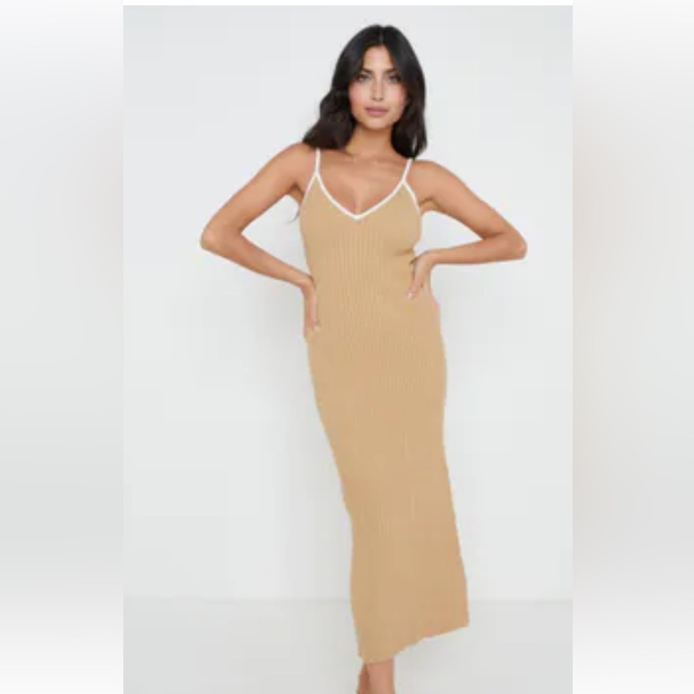 CRESCENT CONTRASTING TRIM RIBBED BODYCON TANK MIDI DRESS BEIGE & WHITE SIZE S